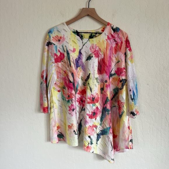 Jess & Jane Florafest Double Knit Asymmetrical Tunic Blouse XL Colorful Floral - Picture 1 of 6